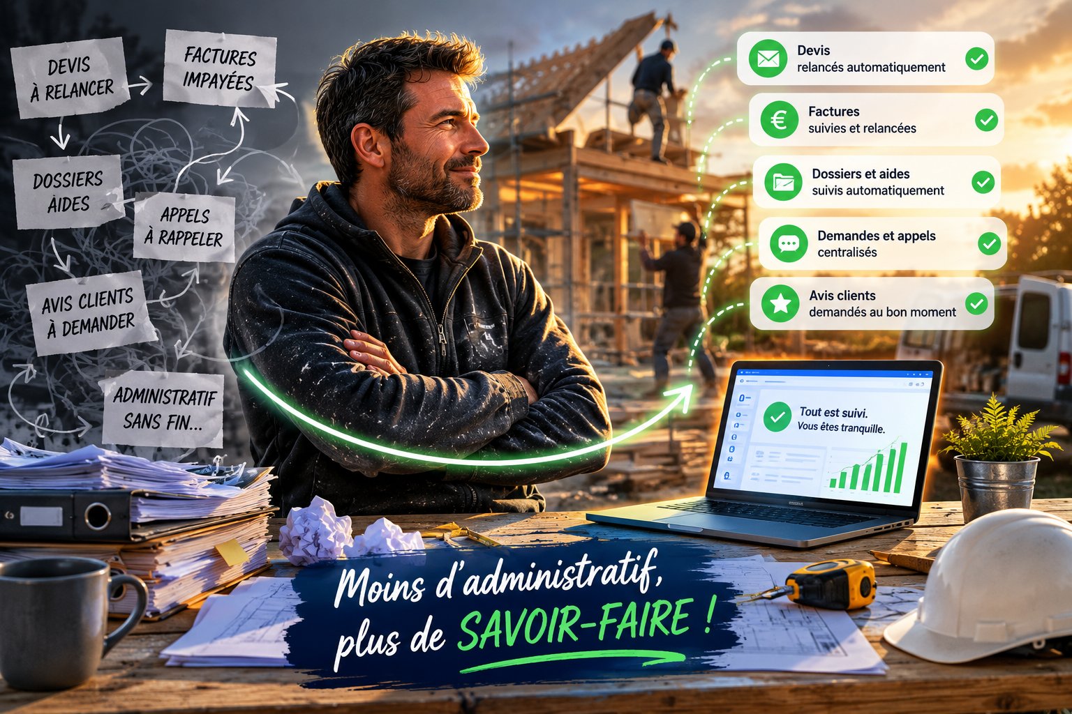 Un artisan serein, bras croisés, devant un chantier au coucher du soleil ; à gauche le désordre administratif, à droite des tâches suivies automatiquement sur un ordinateur.