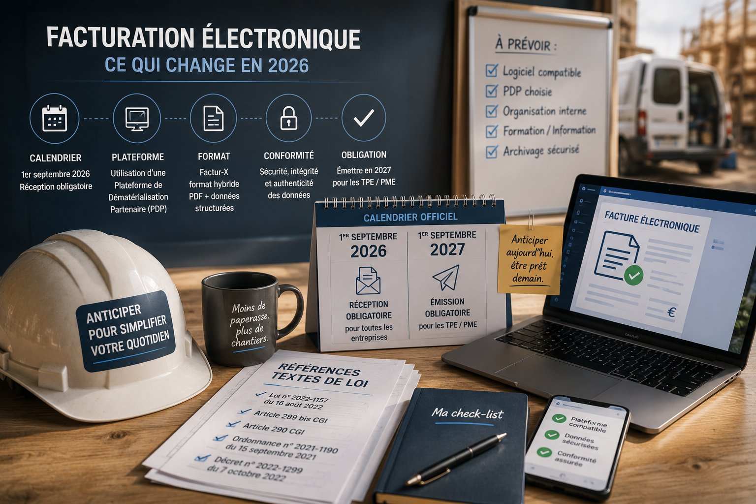 Infographie : facturation électronique, ce qui change en 2026. Calendrier officiel, plateforme PDP, format Factur-X, conformité et obligation d'émission en 2027.