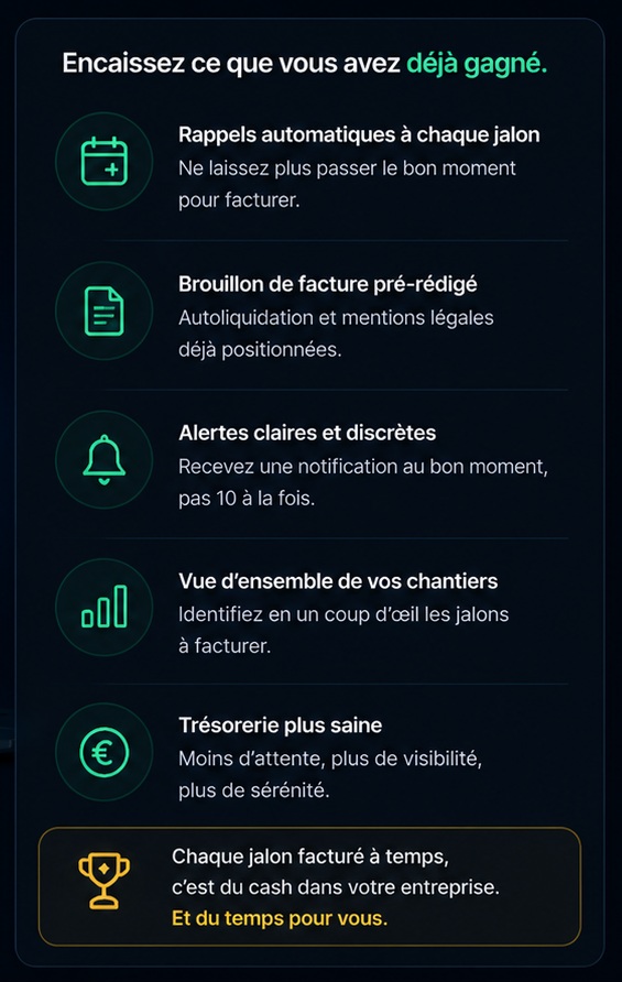 Encaissez ce que vous avez déjà gagné : rappels à chaque jalon, brouillon pré-rédigé, vue d'ensemble des chantiers, trésorerie plus saine.