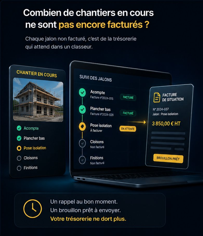 Suivi des jalons d'un chantier : acompte et plancher facturés, pose isolation à facturer avec brouillon de facture de situation déjà prêt.