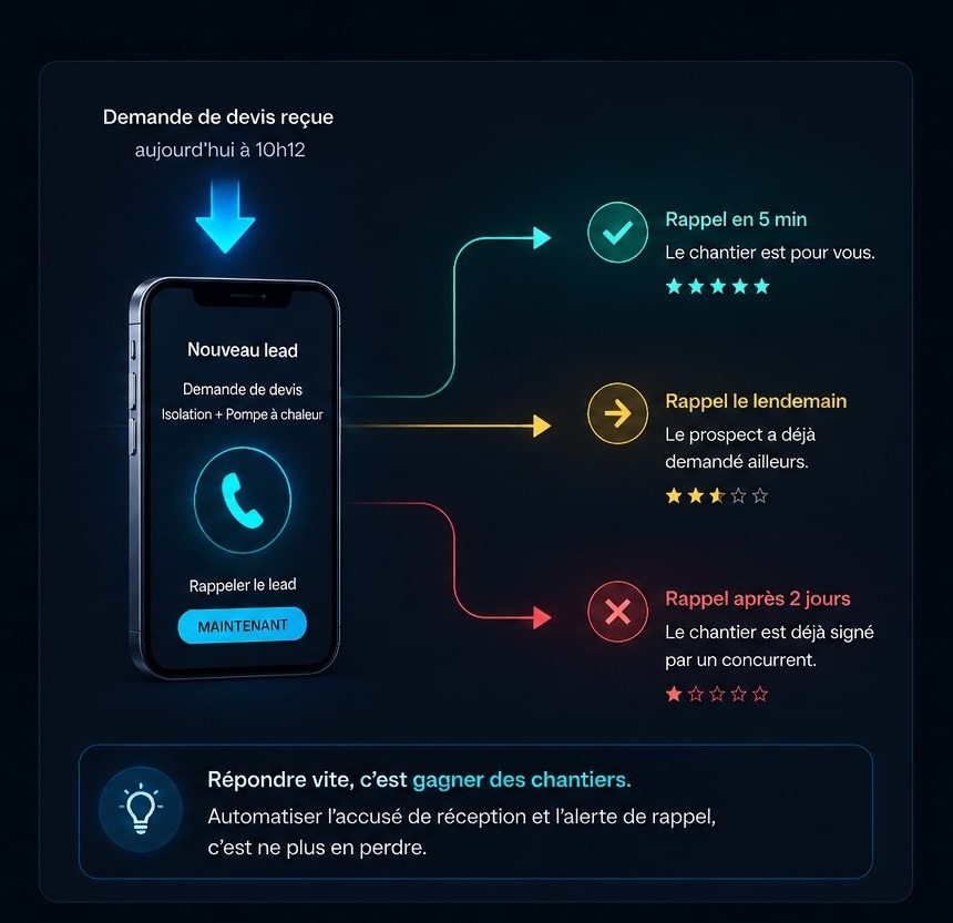 Schéma : une demande de devis reçue, rappelée en 5 min, le lendemain ou après 2 jours, et l'effet sur le chantier signé.