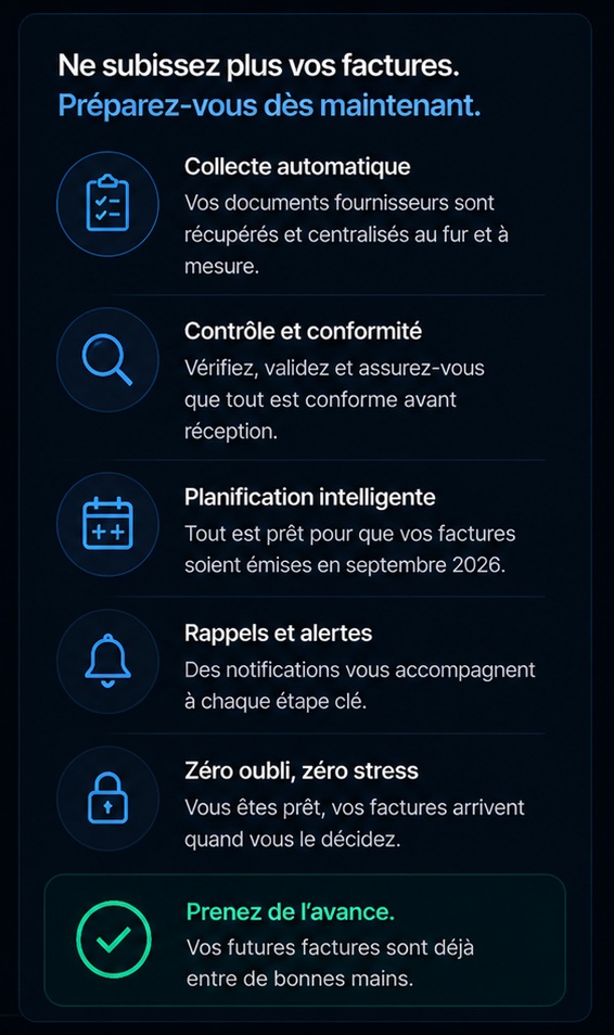 Ne subissez plus vos factures : collecte automatique, contrôle et conformité, planification, rappels et zéro oubli.