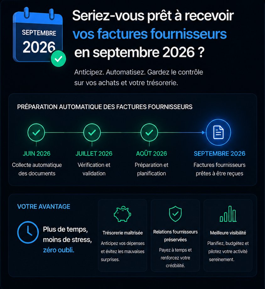 Préparation automatique des factures fournisseurs : collecte en juin, vérification en juillet, planification en août, réception prête en septembre 2026.