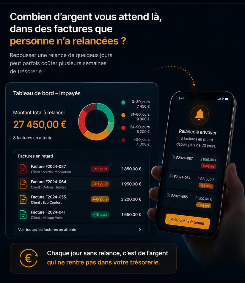 Tableau de bord des impayés : 27 450 € à relancer, factures en retard classées par ancienneté et relance prête à envoyer.